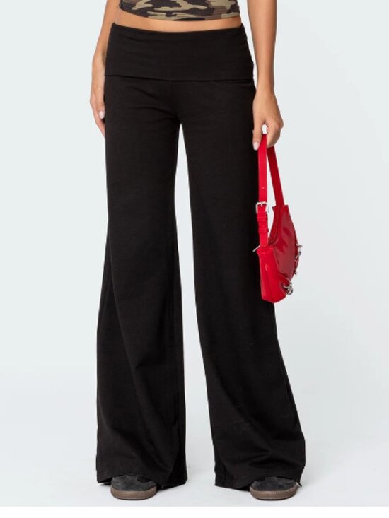 Edikted Pants - Edikted Black Wide Leg Foldover Lounge Pants Size S